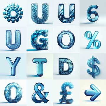 Blue transparent glass 3D Lettering Typeface. AI generated illustration