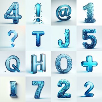 Blue transparent glass 3D Lettering Typeface. AI generated illustration