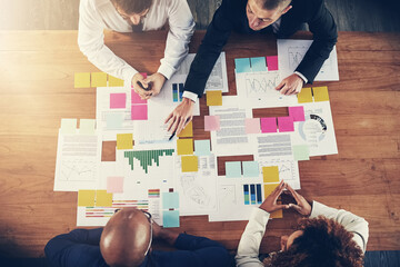 Aufkleber - Hands, business people and paperwork for charts, brainstorming and cooperation for proposal. Closeup, group and employees with documents, design agency and teamwork with ideas, development or project