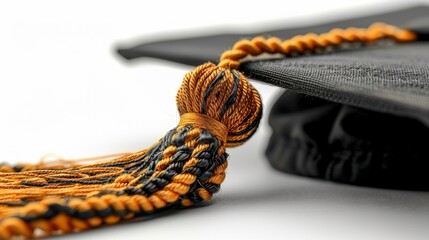 Graduation cap with black and gold tassel, close-up. Education and achievement concept