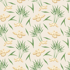 Watercolor ginger roots with growing leaves and stems seamless pattern on white background on light beige. Spicy fresh vegetable plant for kitchen, organic healthy products and vegan food