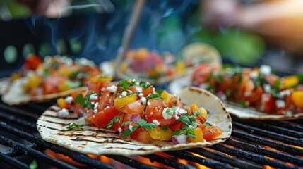Wall Mural - Grilled tacos topped with fresh tomato salsa, onions, and herbs, sizzling on a barbecue grill with smoke rising.
