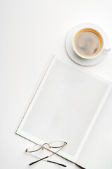 Poster - Blank paper, coffee cup and glasses on white desk