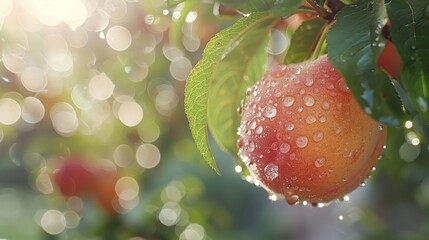Wall Mural - A red apple is hanging from a tree with raindrops on it. Generate AI image