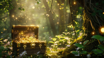 Wall Mural - 3d Magical forest with a hidden sparkling treasure chest