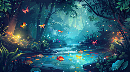 Wall Mural - Enchanted forest stream with luminescent fish and plant