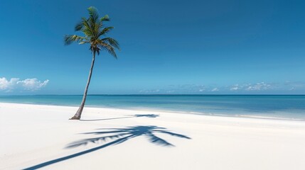 Wall Mural - A solitary palm tree casting a shadow on a pristine white sandy beach under a bright blue sky