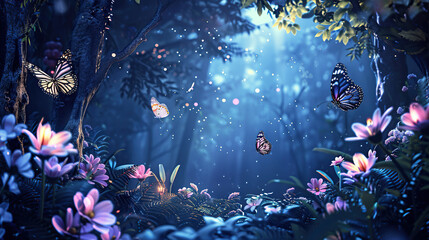 Wall Mural - enchanted forest with luminescent butterflies and flower