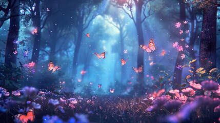 Wall Mural - Enchanted forest with luminescent butterflies and flower
