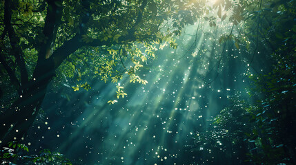Wall Mural - magical forest canopy with light beams