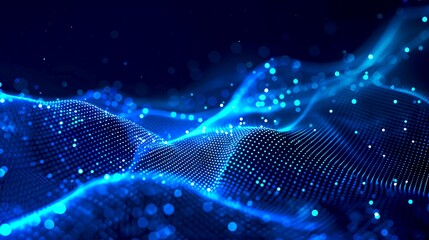 Aufkleber - Abstract digital wave of particles in blue. Futuristic background with depth of field. 3D rendering of dynamic wave. The image is modern and visually appealing. Ideal for tech-based designs. AI