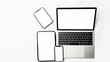 © Deepa - images showcasing various electronic devices, including laptops, desktop monitors, tablets, and smartphones, all with blank screens, illustrating modern technology and device variety