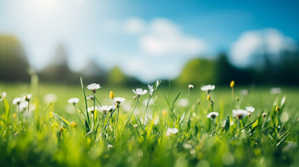 Wall Mural - A fresh spring sunny garden background of green grass and blurred foliage bokeh.