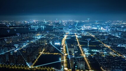 	
smart Connected city skyline. Futuristic network concept, city Technology.	
