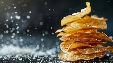 Wall Mural - A stack of thin, crispy potato chips sprinkled with salt grains against a dark backdrop