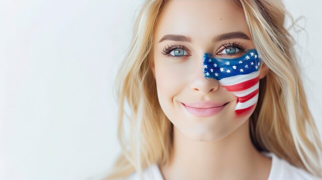 a happy blonde woman with the american flag painted on her face against a white background