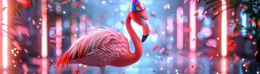 Canvas Print - Pink Flamingo Wearing Party Hat with Confetti.