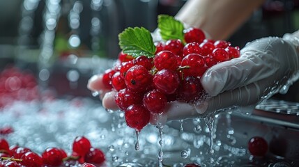 Wall Mural - Close-up of gloved hands washing fresh red cherries under running water, with droplets and green leaves, emphasizing cleanliness and freshness.