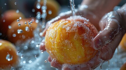 Wall Mural - Close-up of hands washing a fresh peach under running water, showcasing cleanliness and hygiene. Selective focus on the peach texture.