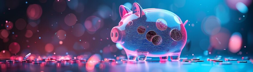 Digital piggy bank with holographic coins, modern, pink and blue, 3D render, playful, piggy bank filled with glowing digital currency