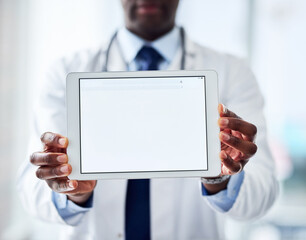 Canvas Print - Tablet screen, mockup and doctor hands at hospital for healthcare news, help or faq presentation. Digital, space or man surgeon at clinic with how to, steps and Telehealth consulting, app or sign up