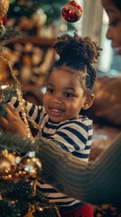 Poster - A young girl helps her mother decorate the Christmas tree. AI.