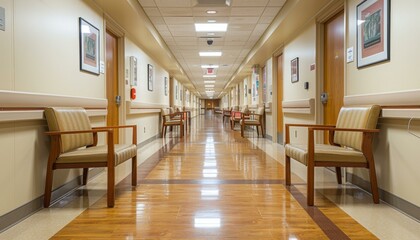 Wall Mural - Empty hospital corridor with chairs. AI.