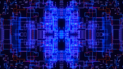 Poster - Printed circuit board. Visualization of advanced technology concept: PCB processor microchip, digitization of neural networks and cloud computing. Digital lines transmit data. Electronic computer 