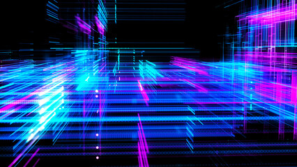 Poster - Abstract techno background. Three-dimensional composition of intersecting multi-colored grids. Information technology concept. Digital cyberspace with particles. 3d rendering.