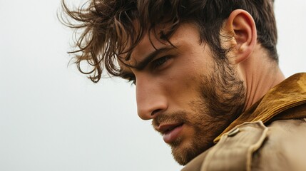 Close-up portrait of a handsome man with a serious expression and tousled hair, wearing a casual jacket outdoors.