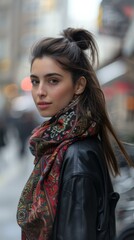 Wall Mural - A woman with a ponytail wearing leather jacket and scarf. AI.