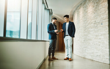 Aufkleber - Office, consulting and men in lobby with tablet, planning and networking for collaboration together. Discussion, partnership and business people at window on digital app for project management advice