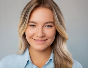 Wall Mural - Beautiful smiling blonde young woman portrait in grey studio background