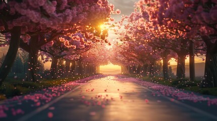 Wall Mural - The sun is setting in the background, creating a warm and peaceful atmosphere. Generate AI image