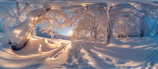 Wall Mural - Winter Wonderland: Snow-Covered Trees and a Sun-Drenched Path