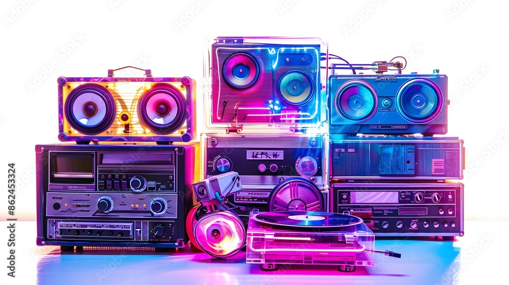 Boomboxes and mixtapes with vibrant neon LED light highlights ...