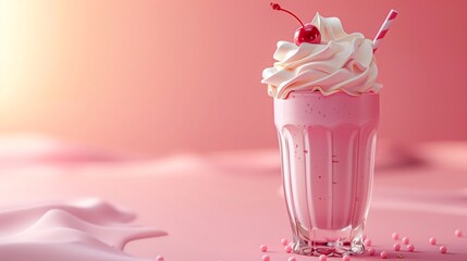 Poster -  glass filled with a creamy pink milkshake, with a striped straw, set against a vivid, cheerful background with plenty of empty space 