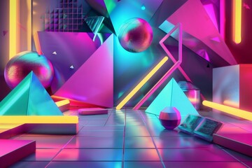 Poster - geometric abstract background with a futuristic theme with glowing edges and reflections to enhance the high-tech aesthetic.