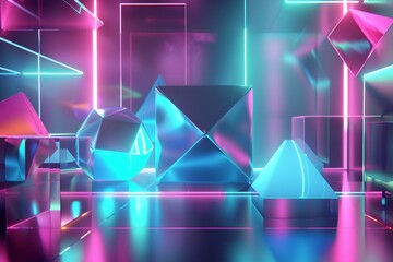 Poster - geometric abstract background with a futuristic theme with glowing edges and reflections to enhance the high-tech aesthetic.