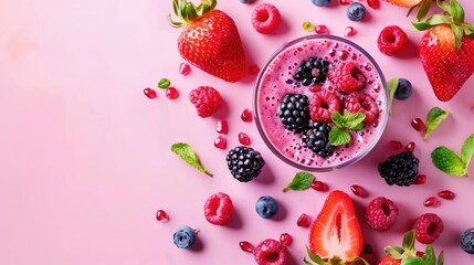 Poster - Forest fruit smoothie on pink background Concept of nutritious beverage