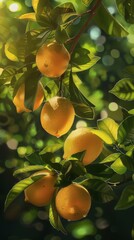 Wall Mural - Ripe lemons hanging on a tree branch with green leaves, close-up view. Fresh citrus fruit concept