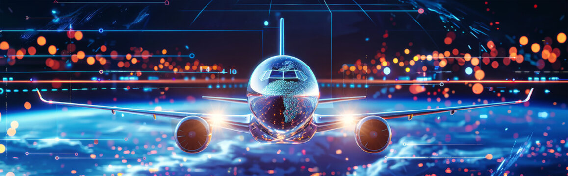 A futuristic plane with a glowing blue and silver design takes off against a backdrop of twinkling city lights and a digital grid