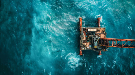 Wall Mural - A top-down aerial shot reveals an offshore oil and gas production platform nestled in the vast turquoise ocean