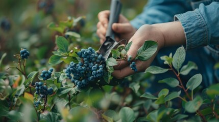 Wall Mural - A person is picking blueberries from a bush