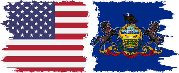 Wall Mural - Pennsylvania state and USA grunge flags connection vector