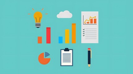 Poster - business data analytics illustration featuring graphs, charts, clipboard, light bulb, and pen on a b