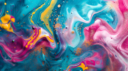 Wall Mural - Radiant color explosion. Sparkling paint. Fluid art. Combined bright teal pink red yellow liquid bubbles spinning on water surface with glitter