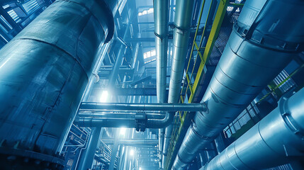 Industrial factory pipes and machinery with futuristic blue lighting, showcasing modern manufacturing and technology.