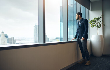 Poster - Office, thinking and man at window with vision, insight or decision for property developer in city. Realtor, consultant or entrepreneur with business plan, inspiration or ideas for urban real estate