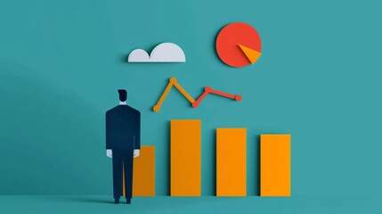 Poster - businessman observing colorful data analysis graphics, illustrating business growth, metrics, and fi